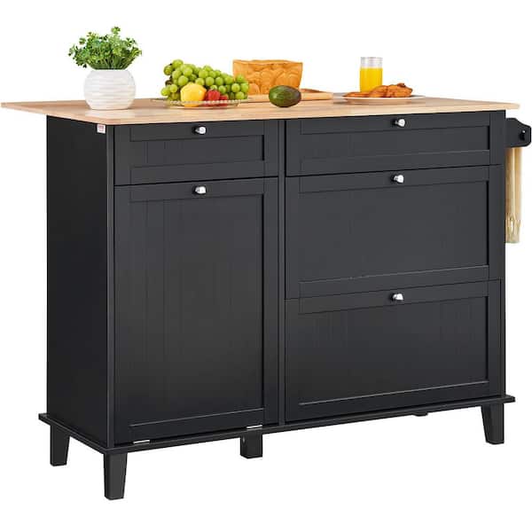 50 in. Kitchen Cart, Wood Top Breakfast Bar with Trash Cabinet, 10 Gal. Storage, Drop Leaf Table, Black