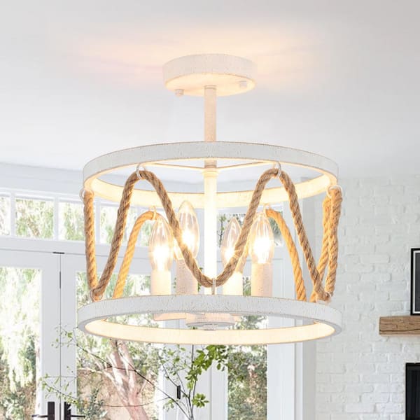 ZJVAIVE 12.6 in. 4-Light Vintage White Drum Metal Hemp Rope Candlestick Semi- Flush Mount Light with No Bulbs Included