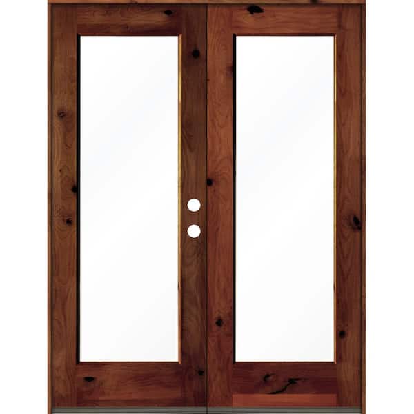64 in. x 80 in. Rustic Knotty Alder Wood Clear Full-Lite Red Chestnut Stain Left Active Double Prehung Front Door