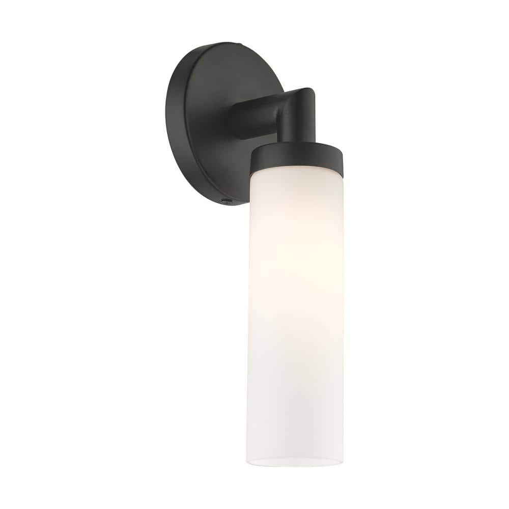 Black Steel Wall Sconce with Satin Opal Glass Shade