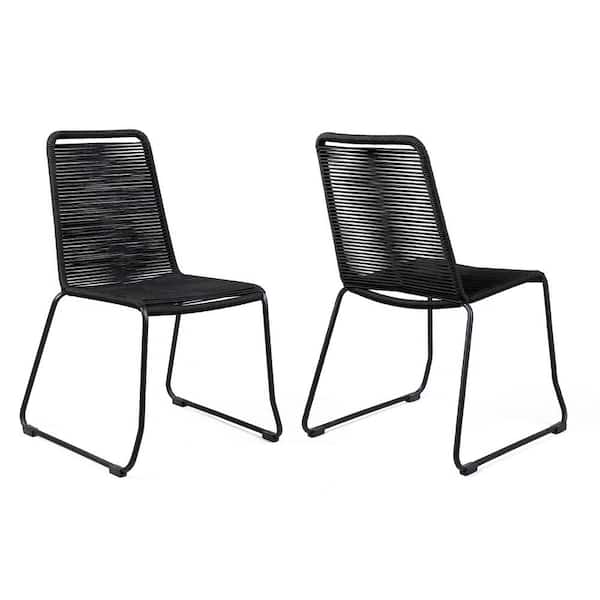 Armen Living Shasta Stackable Metal Outdoor Dining Chair, Black Rope (Set of 2)