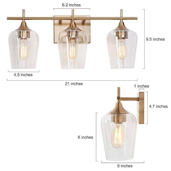 Modern Circle Bathroom 21 in. 3-Light Brass Gold Vanity Light Powder Room Wall Sconce Light with Clear Glass Shades
