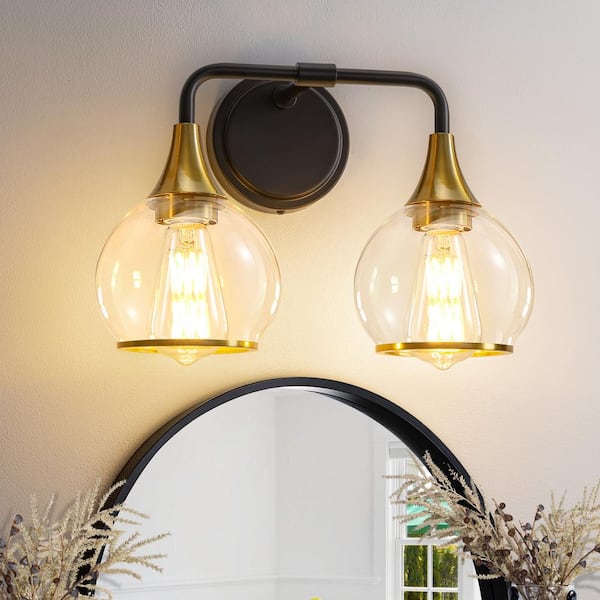 KAISITE 14.2 in. 2 Light Black and Gold Vanity Light with Clear Globe Glass Shade