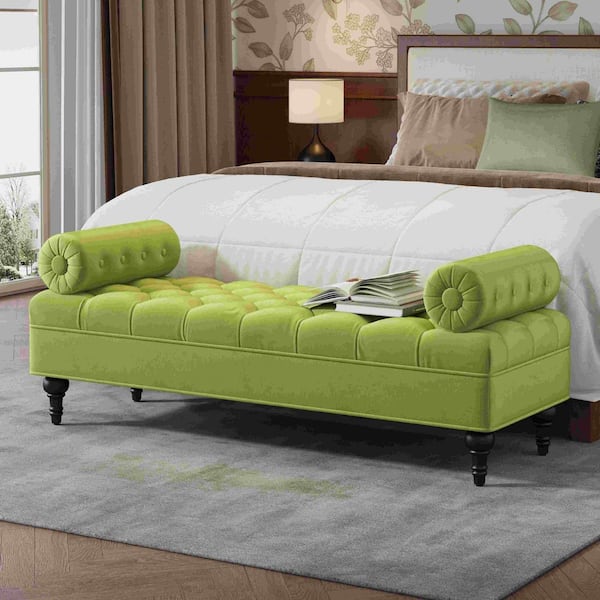 60 in. Green Bedroom Bench with 2 Detachable Pillows and Upholstered Velvet