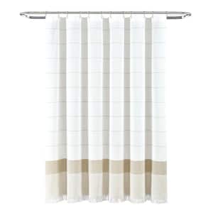 72 in. x 72 in. Taupe Stripe Yarn Dyed Tassel Fringe Woven Cotton Shower Curtain
