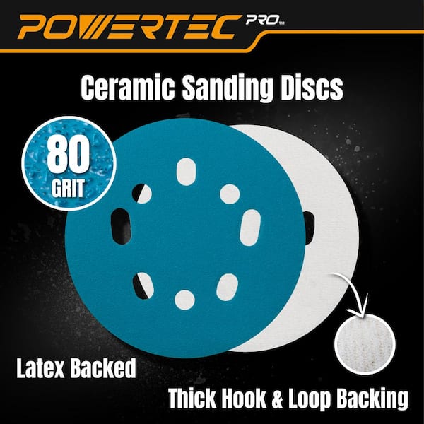 POWERTEC 5 in. Sanding Discs Hook and Loop, 80 Grits, Ceramic