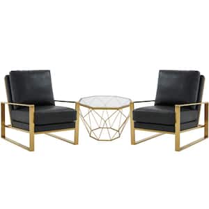 Jefferson Leather Arm Chair with Gold Frame (Set of 2) and Octagonal Coffee Table with Geometric Base (Black)