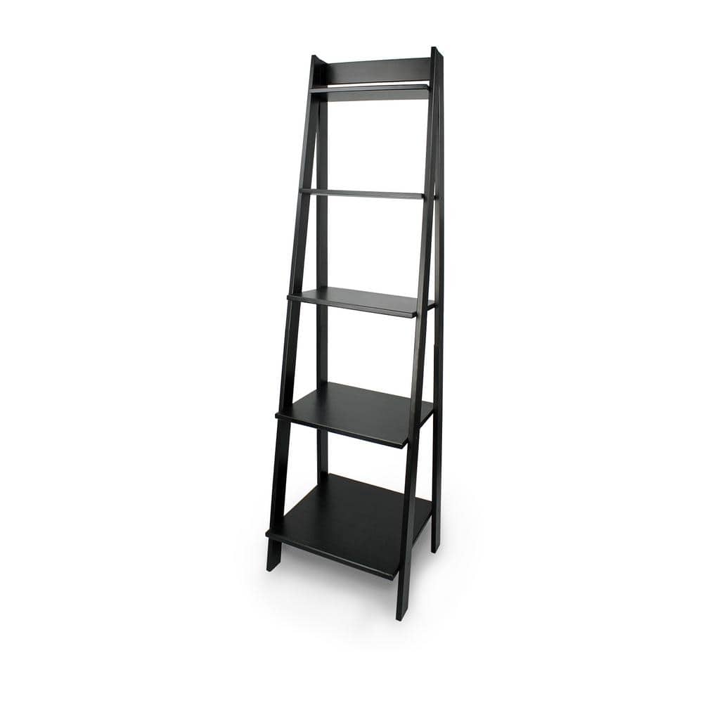 Sleek Black Solid Wood 5-Shelf Freestanding Ladder Bookcase