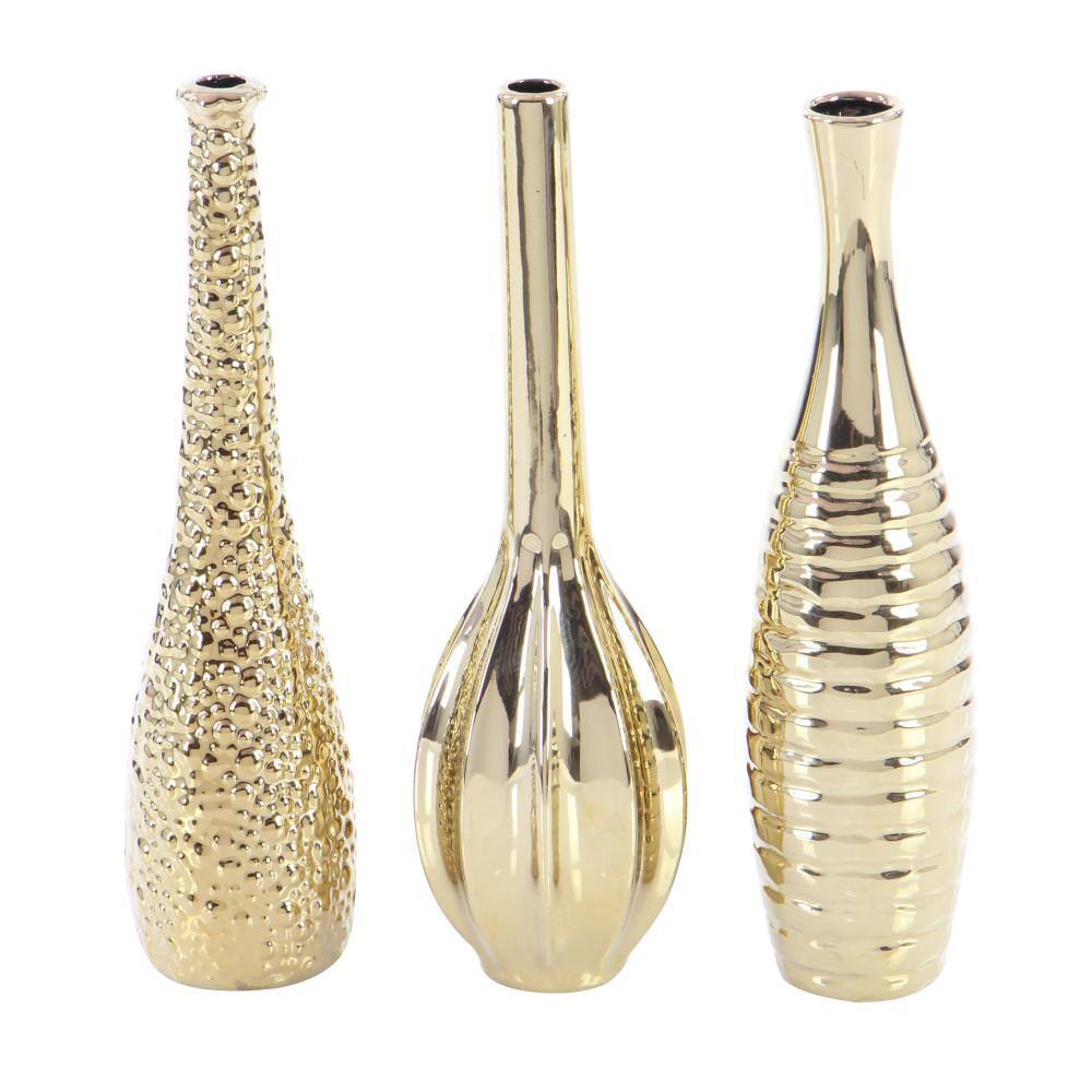 Gold Slim Textured Ceramic Vase Set of Three