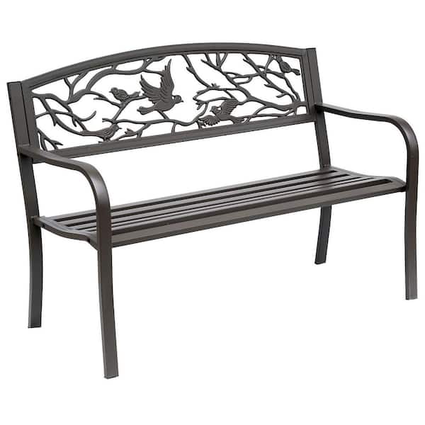50" Garden Bench, Outdoor Patio Bench with Animal Pattern, Cast Steel Metal Bench for Yard, Lawn, Porch, Brown