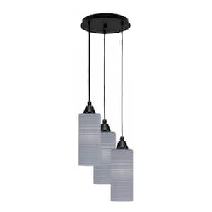 Savannah 13 in. 3-Light Matte Black Cord Pendant Light Gray Matrix Glass Shade