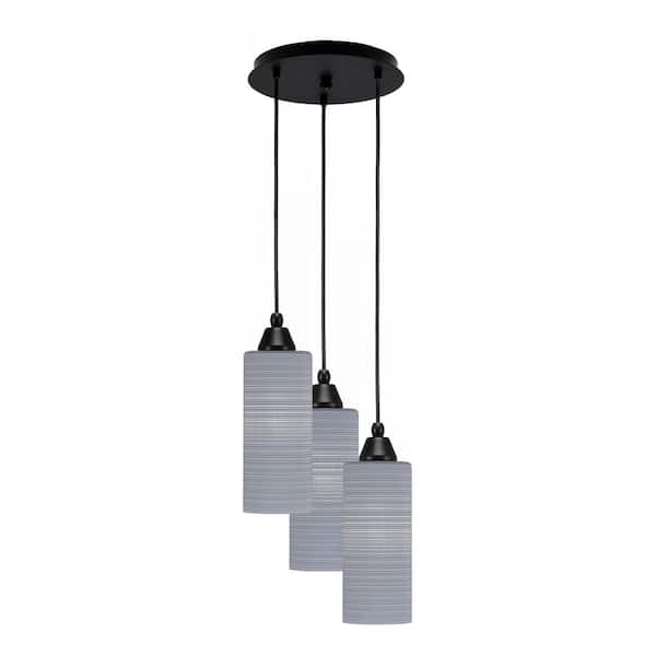 Unbranded Savannah 13 in. 3-Light Matte Black Cord Pendant Light Gray Matrix Glass Shade