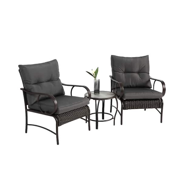 Unbranded Modern 3-Piece Outdoor Wicker Patio Conversation Set Rattan Chair and Coffee Table with Gray Cushions, for Yard Balcony
