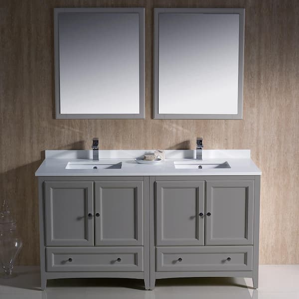 Oxford 60 in. Shaker-Style Double Sink Gray Bath Vanity with White Quartz Top and Mirrors