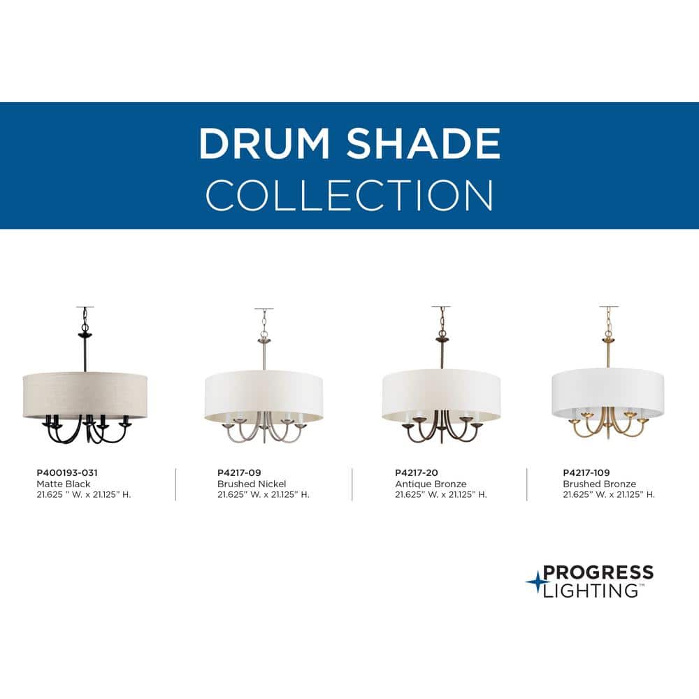 Antique Bronze Drum Shade 5-Light Pendant with White Linen