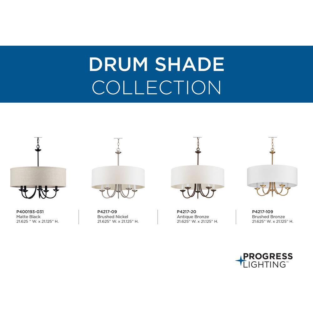 Brushed Nickel Drum Shade 5-Light Pendant with White Linen