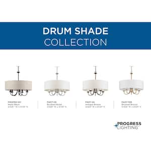 Drum Shade Collection 5-Light Brushed Nickel White Textured Linen Shade Farmhouse Chandelier Light