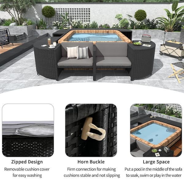 Zeus & Ruta Black Wicker Spa Quadrilateral Outdoor Sectional Set