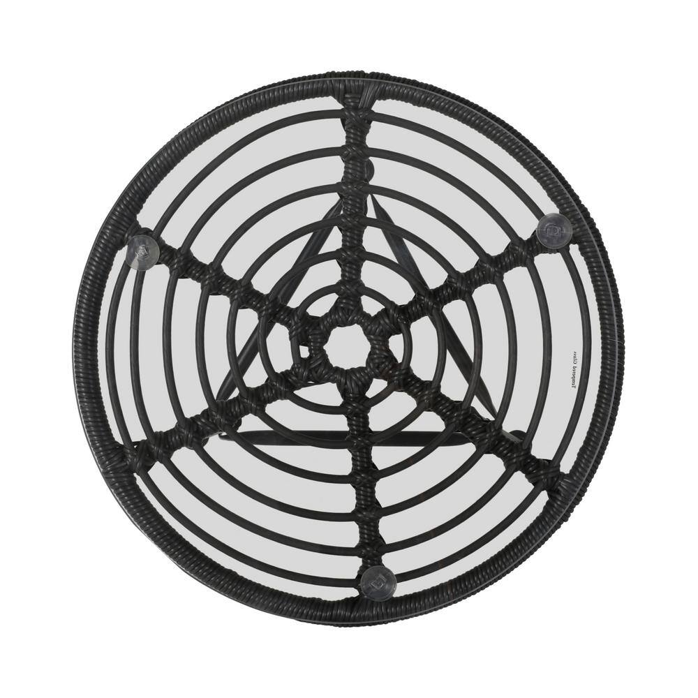 Gray and Black Round Faux Rattan Outdoor Side Table with Tempered Glass Top
