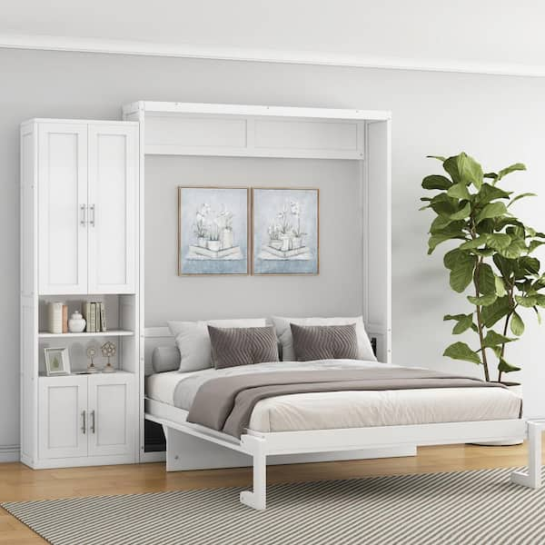 White Wood Frame Queen Size Murphy Bed, Folding Wall Bed with Desktop, USB Ports and Sockets, 1 Side Storage Cabinet