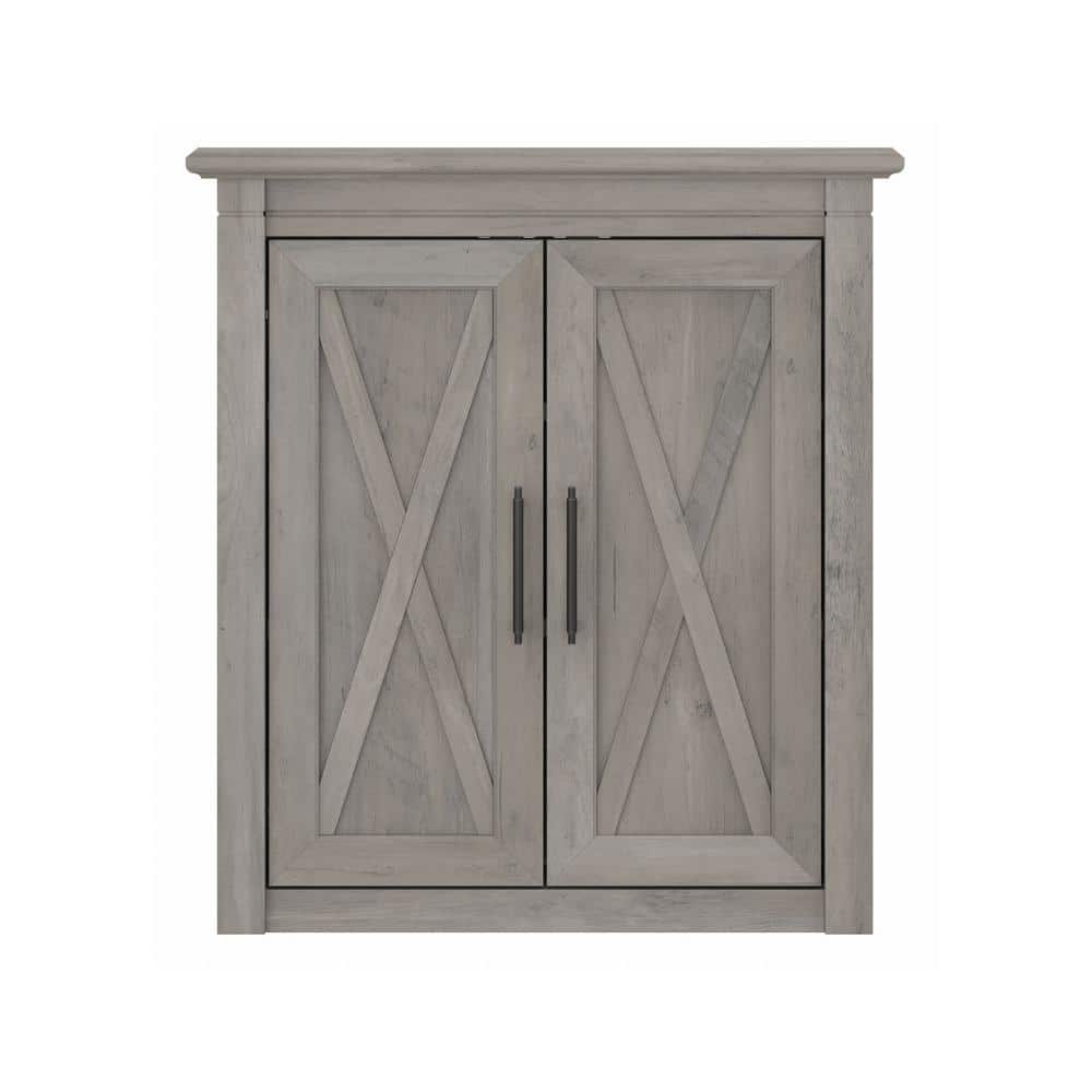 Driftwood Gray Distressed Laminate Bathroom Wall Cabinet with X-Pattern Doors