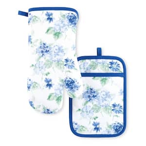 Amber Floral Cotton Blue/Green Oven Mitt and Pot Holder (Set of 2)