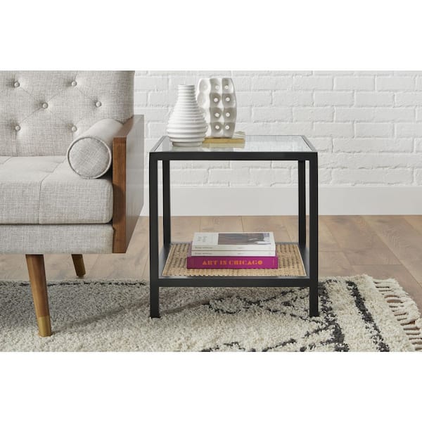 StyleWell Odell Cane Square Accent Table in Black/Rattan (20" W)