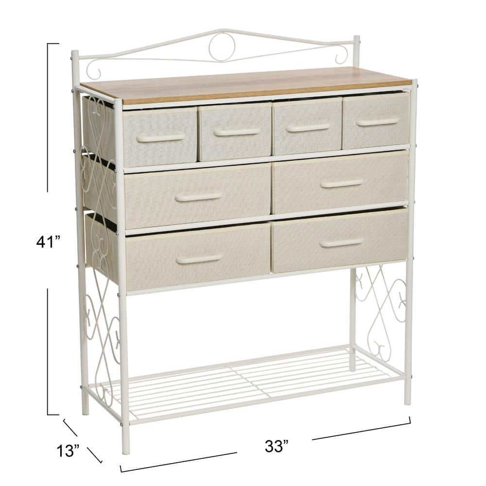 Coastal Oak White Metal Frame 8-Drawer Dresser with Storage Rack