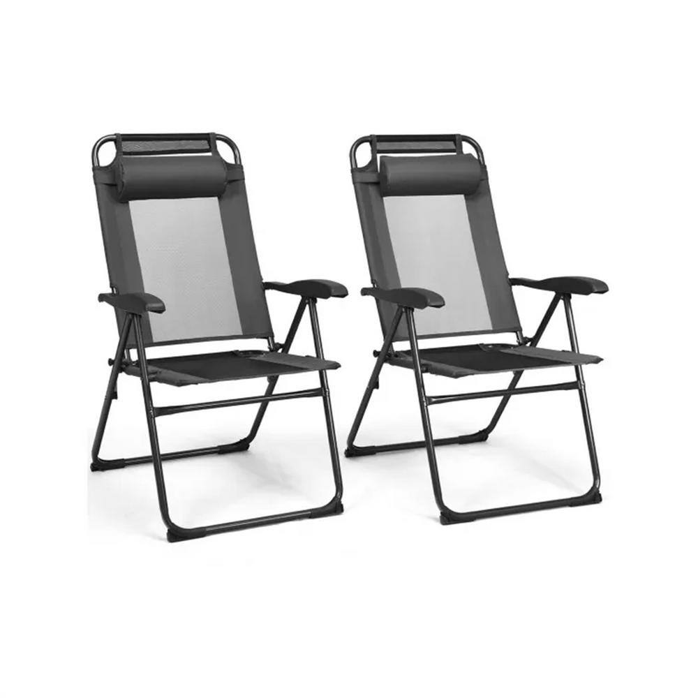Two gray folding metal outdoor loungers on a white background.