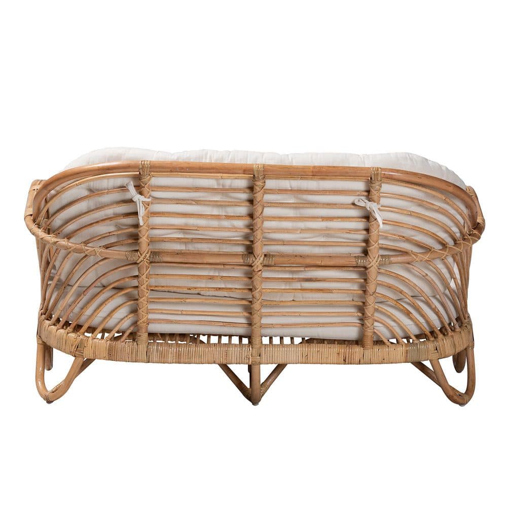 Natural Rattan Loveseat with Tufted Off-White Cushions
