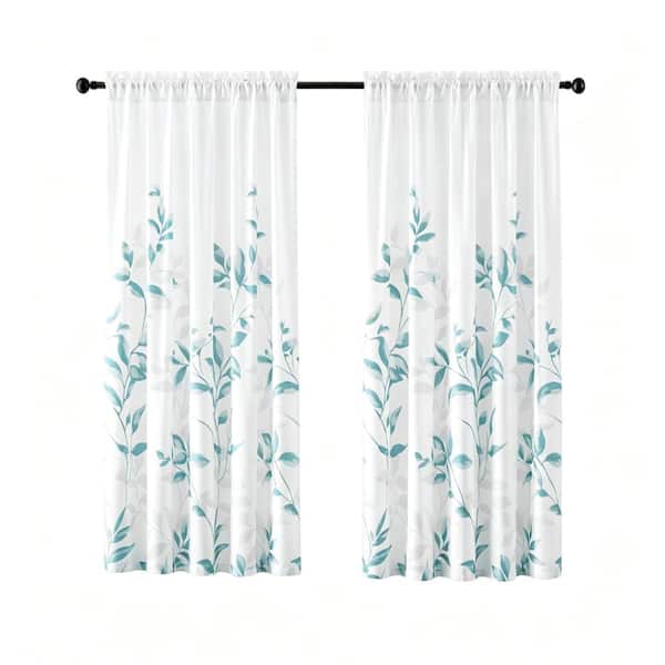 52 X 63 Inch Semi Sheer Curtains 2 Panels,Leaf Floral Printed Light Filtering Drapes for Bedroom,Teal