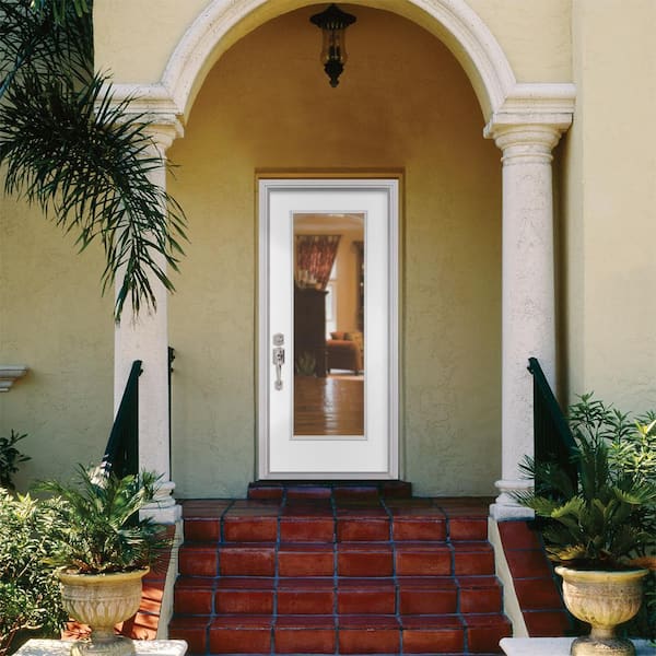 36 in. x 80 in. Full Lite Left Hand Inswing Primed White Smooth Fiberglass Prehung Front Door w/ Brickmold, Vinyl Frame
