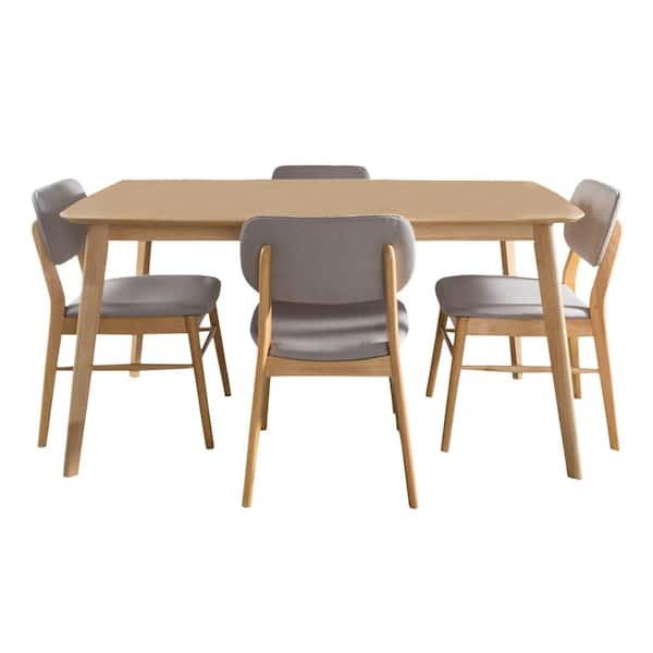 Noble House Colette 5-Piece Light Grey Fabric Upholstered and Natural Walnut Wood Dining Set