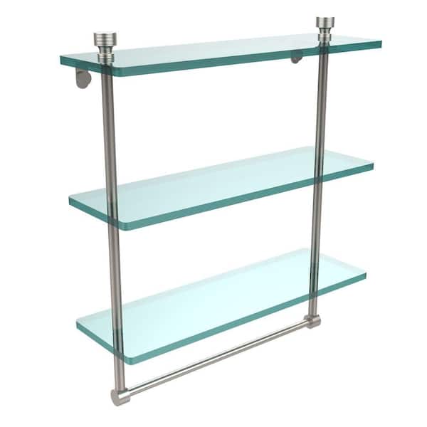 Allied Brass Foxtrot 16 in. L x 18 in. H x 5 in. W 3-Tier Clear Glass Bathroom Shelf with Towel Bar in Satin Nickel