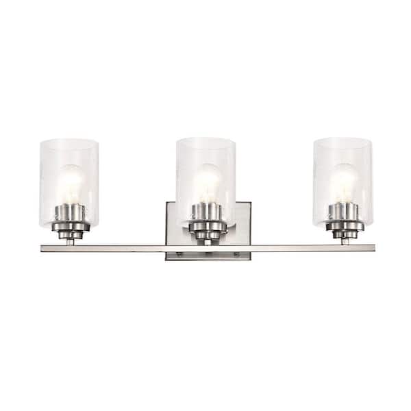Edvivi 22 in. 3-Light Brushed Nickel Vanity Light with Seedy Glass Shades