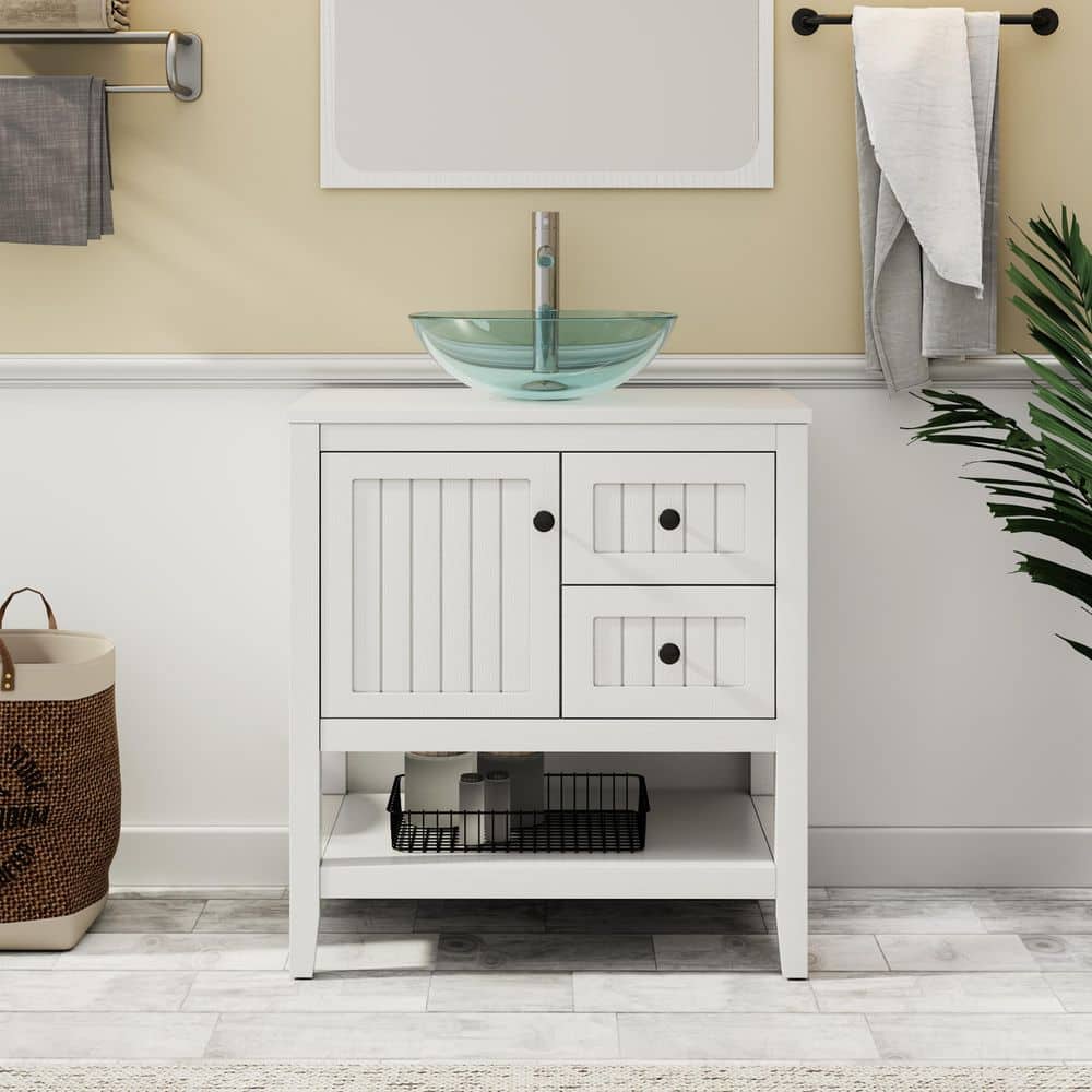 30 in. W x 20 in. D x 32 in. H Single Sink Freestanding White Bath Vanity with Clear Round Glass Vessel Sink Top price history on PriceWatchPro