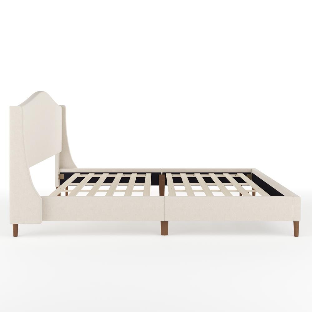 King Beige Linen Upholstered Platform Bed with Wood Frame