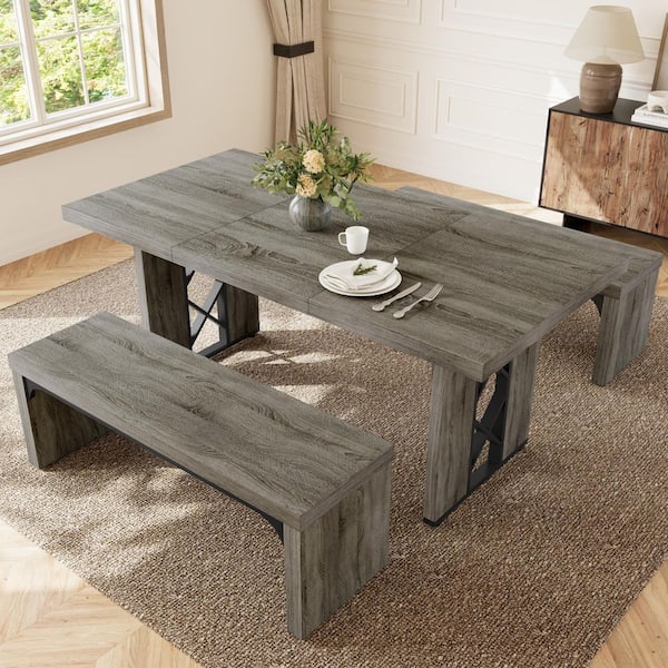 Modern 3 of Pieces Rectangle Gray Table MDF Table Top Dining Room Set Seating 4-6 People (Table Plus 2-Benches)