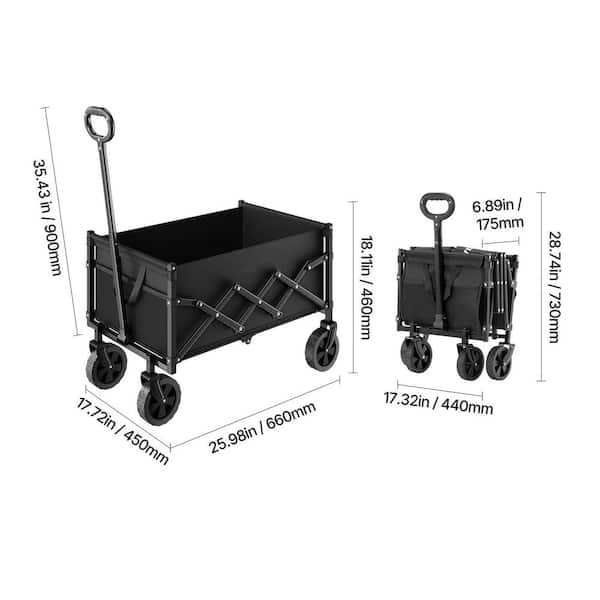 Collapsible Wagon Carts, 120L & 225LBS. Folding Wagons with All-Terrain Wheels, Black, 1.96 cu. ft., Steel, Garden Cart