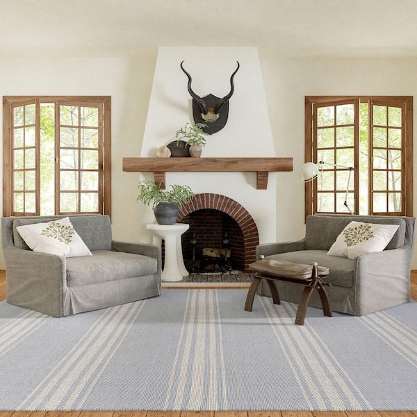 Bergamot Striped Cotton Light Blue Doormat 3 ft. x 5 ft. Area Rug