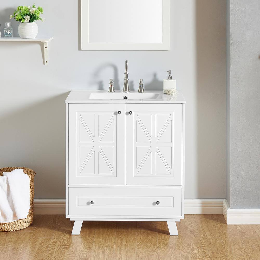 White MDF Single Sink Freestanding Bath Vanity with Ceramic Top