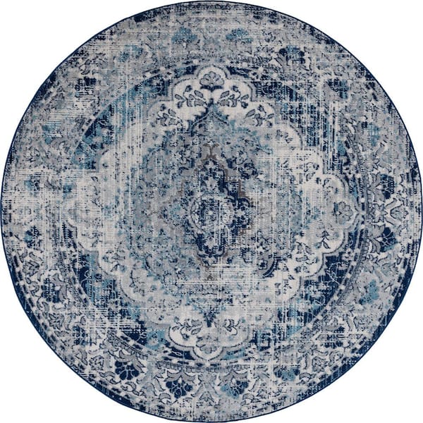 Tayse Rugs Diamond Medallion Blue 8 ft. Round Indoor Area Rug