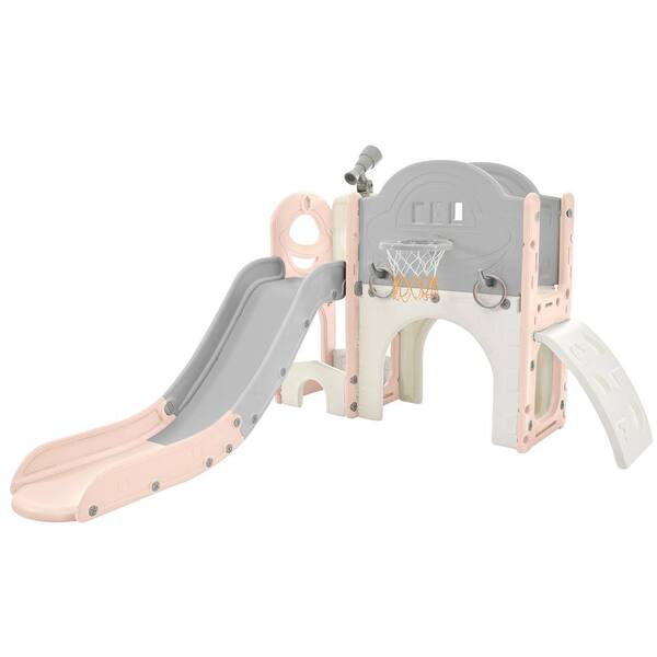 Bon Furni Pink and Gray 7-in-1 Freestanding Spaceship Playset with Slide, Telescope and Basketball Hoop