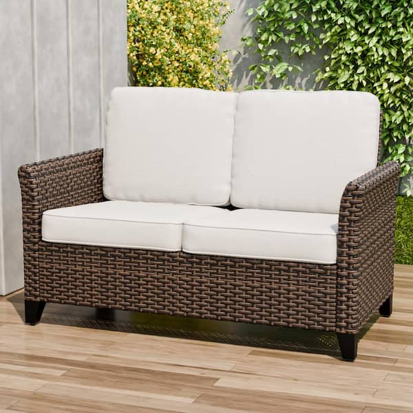 2-Color Brown Wicker Outdoor Patio Loveseat Sofa with Beige Cushions, Wide Armrest