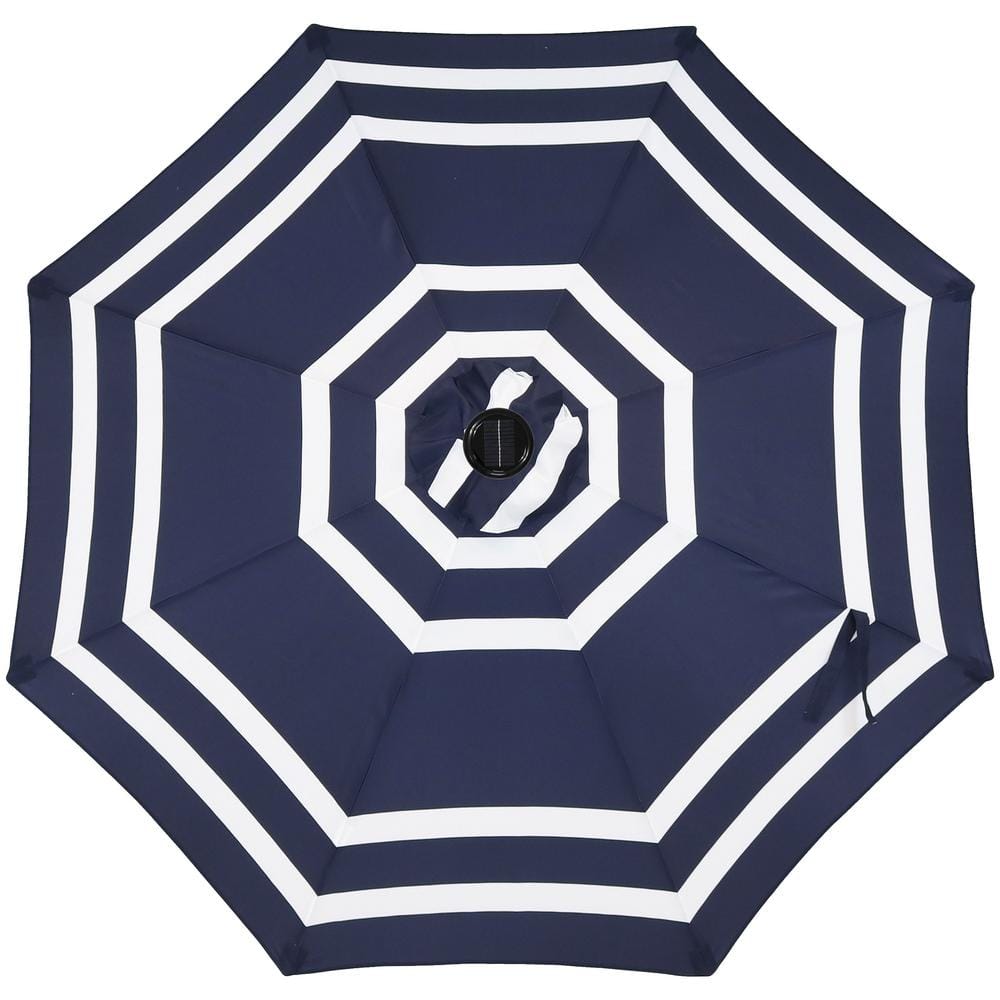 Navy Blue Striped Aluminum Market Umbrella with Solar LED Lights