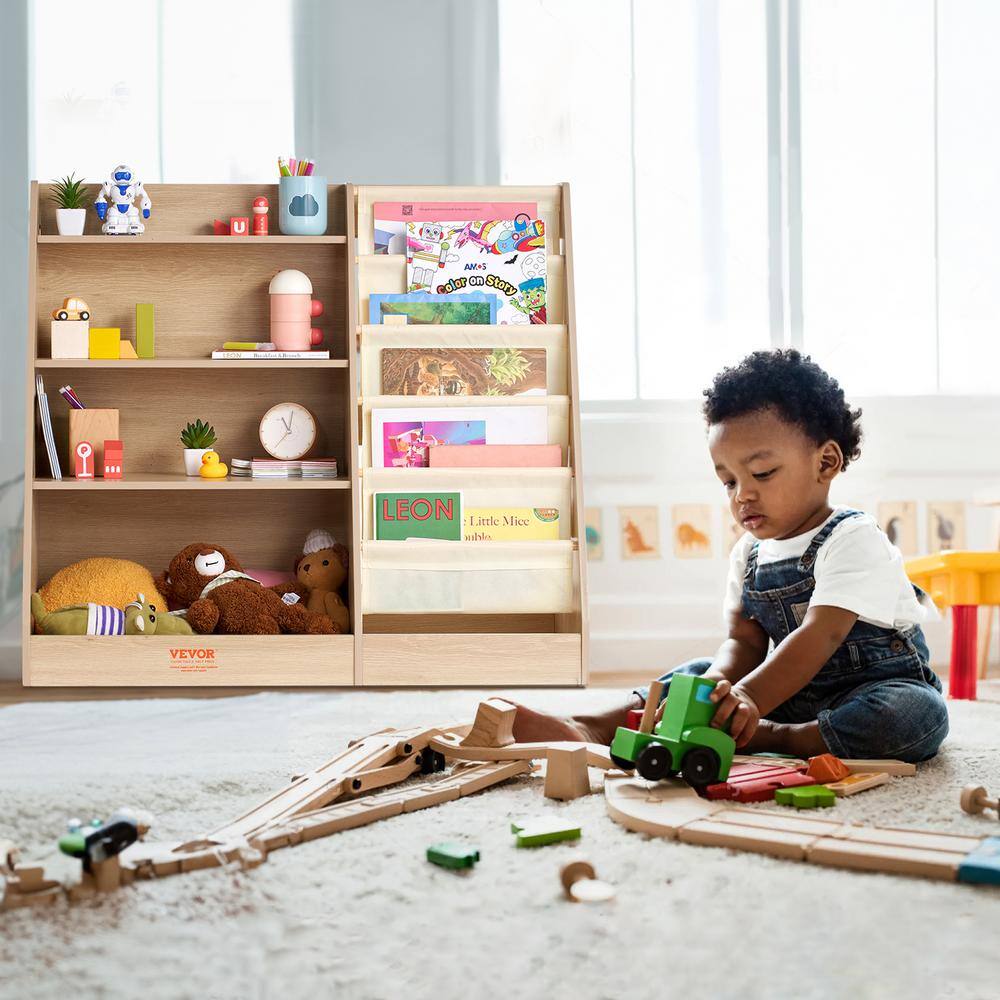 Brown Wooden Kids Bookshelf with Storage Cubes