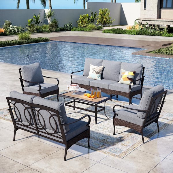 PHI VILLA Brown Rattan 5-Piece 7 Seat Steel Outdoor Patio Conversation Set with Gray Cushions and Wood-Grain Table