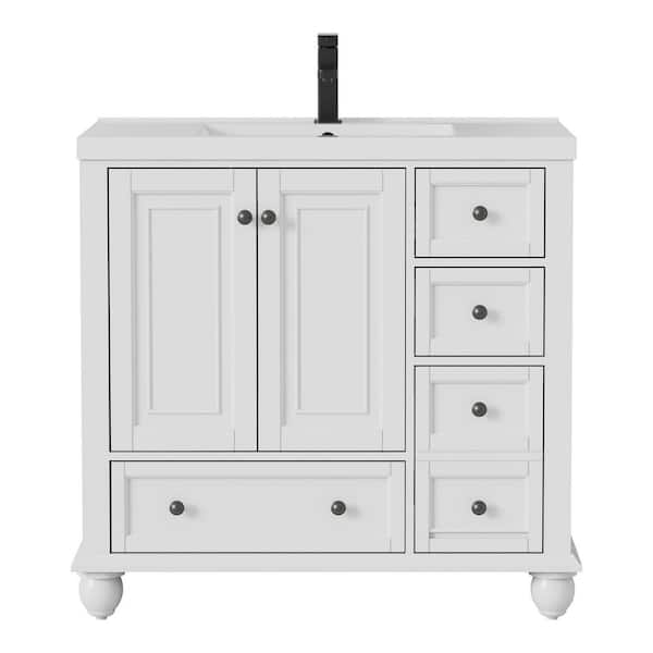 36 in. W x 18.1 in. D Single Sink Freestanding White Bath Vanity with White Integrated Resin Top and Drain Faucet Set