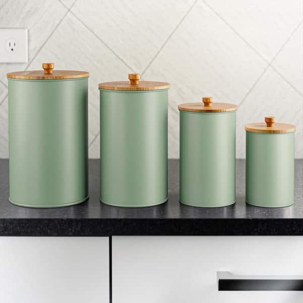 4-Piece Green Iron Kitchen Canisters for Countertop with Customizable Chalkboard Labels & Marker Pen & Airtight Lids
