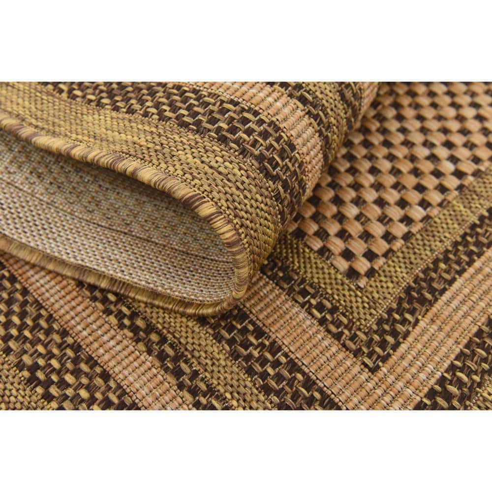 Multi-Border Brown Synthetic 4' x 6' Outdoor Area Rug